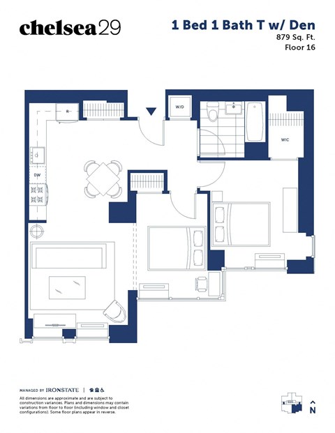 Floor plan for 1 bed, 1 bath, 879 sqft